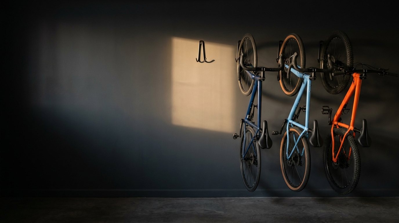 A road bike, a gravel bike and a mountain bike hanging on a garage wall, with an empty hook waiting beside them